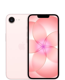 „iPhone 17e“, galinė dalis, švelniai rožinės spalvos, viršuje yra „Fusion“ kamera, „Apple“ logotipas centre, priekinė dalis, švelniai rožinės spalvos, ekranas nuo krašto iki krašto