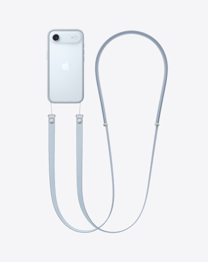 iPhone Air, parte trasera, con bumper gris claro y correa cruzada