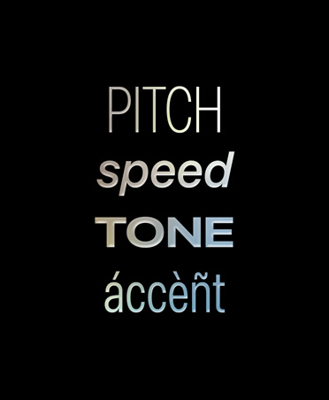 黒い背景に、声の特徴を表す「Pitch」、「speed」、「tone」、「accent」のテキストが書かれている