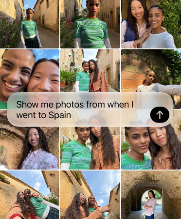 最近の旅行の写真を探すようにSiri AIに頼むリクエストが表示された画面。リクエストのテキストが写真のグリッド上に重なっている