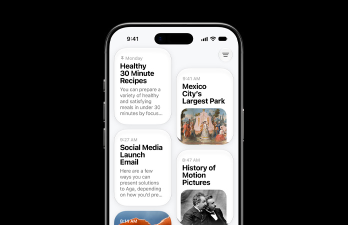 iPhone Airの画面。Siriアプリに、30分で作れるヘルシーなレシピ、メキシコシティで最大の公園、ソーシャルメディア立ち上げに関するメール、映画史、アンズタケ、希少な顔料についての説明に関するSiri AIの会話が表示されている
