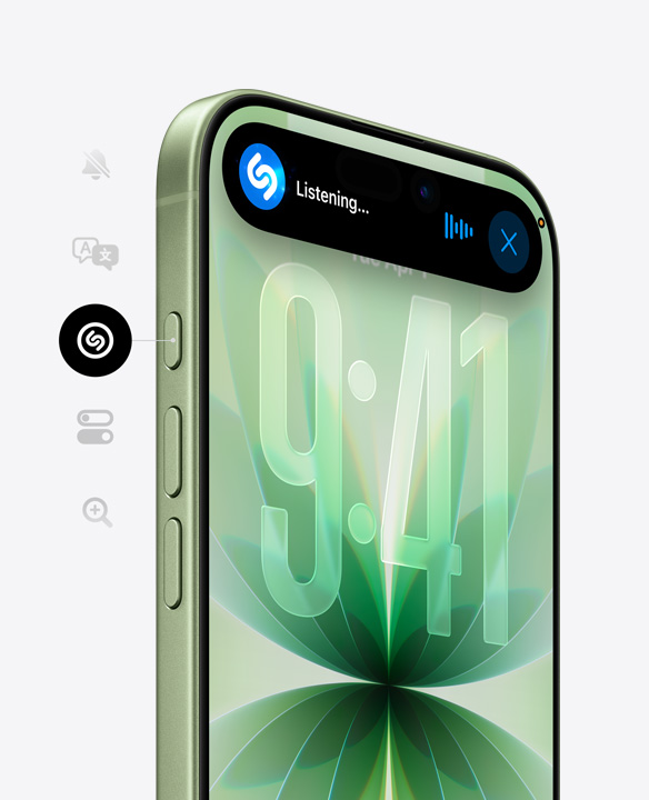 iPhone 17 dalam warna hijau sage, eksterior depan dengan Ceramic Shield, Dynamic Island menampilkan Shazam yang sedang digunakan, tampak samping memperlihatkan: tombol Tindakan dan volume