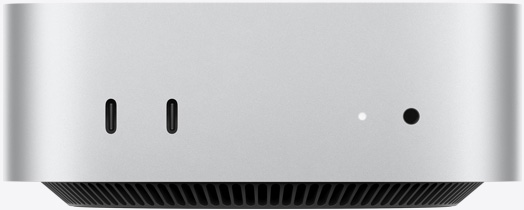 Μπροστινή όψη ασημί Mac mini με μπροστινές θύρες: δύο θύρες USB‑C και υποδοχή ακουστικών 3,5 mm