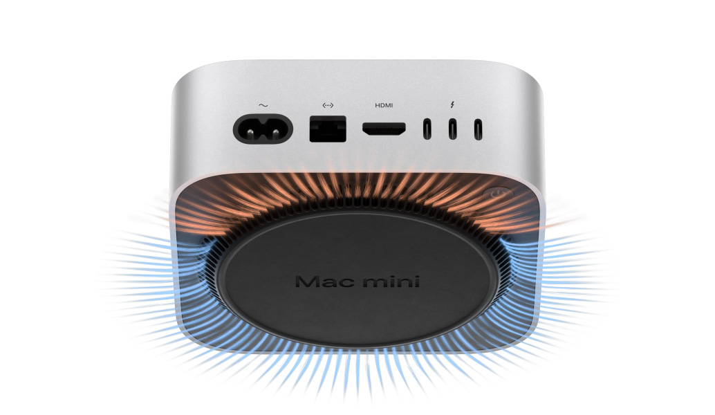 Προβολή των πίσω θυρών του Mac mini, σε ημιδιαφανή απεικόνιση για να δείξει τα συστήματα θερμότητας και εξαερισμού κάτω από το περίβλημα αλουμινίου