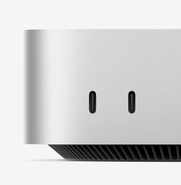 Κοντινή όψη των μπροστινών θυρών USB‑C σε Mac mini