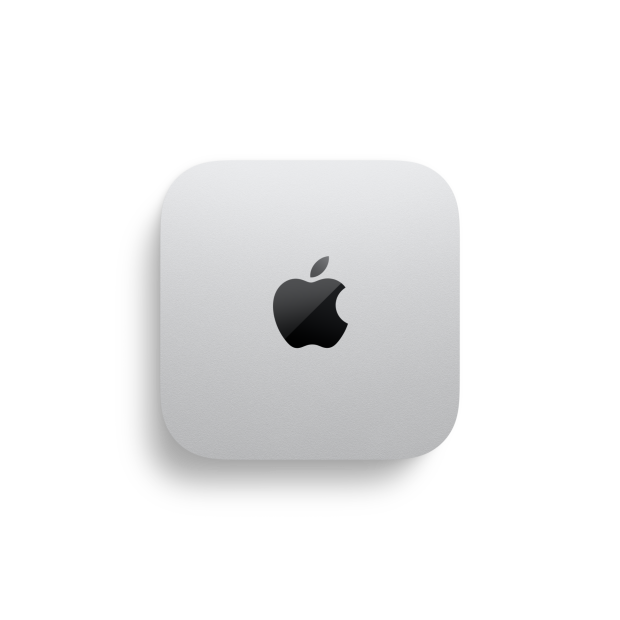 Κάτοψη ασημί Mac mini με το λογότυπο της Apple και ενδείξεις μέτρησης που υποδεικνύουν μέγεθος 12,7 cm πλάτος επί 12,7 cm μήκος