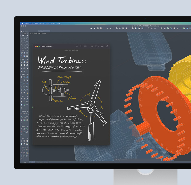 Οθόνη που δείχνει ένα ανοιχτό έργο του Autodesk AutoCAD, συμπεριλαμβανομένων των σχεδίων και των σημειώσεων