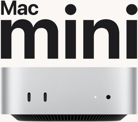 Μπροστινή όψη ασημί Mac mini που δείχνει τις μπροστινές θύρες και τη λυχνία ένδειξης.