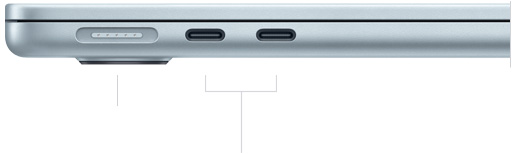 MacBook Air, fermé, côté gauche, montrant le port MagSafe et deux ports Thunderbolt
