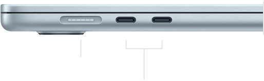 MacBook Air, fermé, côté gauche, montrant le port MagSafe et deux ports Thunderbolt