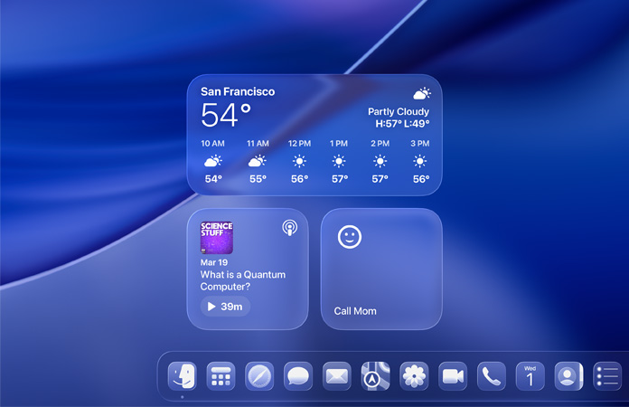 Liquid Glass Widgets für Wetter, Podcasts und Erinnerungen auf einem macOS Tahoe Bildschirm