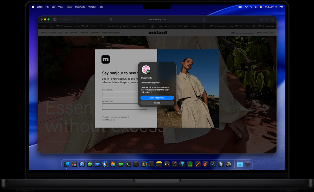 MacBook Pro, color negro espacial, Safari y la app Contraseñas le solicitan al usuario iniciar sesión en un sitio web con Touch ID