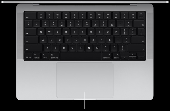 Vista de cima para baixo de um MacBook Pro de 14 polegadas aberto, a mostrar o trackpad Force Touch situado abaixo do teclado