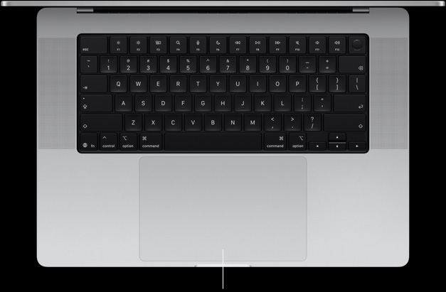 Vista de cima para baixo de um MacBook Pro de 16 polegadas aberto, a mostrar o trackpad Force Touch situado abaixo do teclado