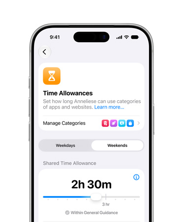 iPhone 17 Pro, Zilver, scherm met opties in Instellingen voor ouders om Tijdslimieten en Schema’s voor Schermtijd voor hun kind in te stellen