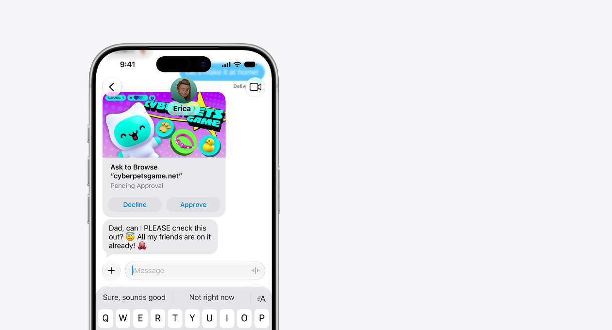 iPhone 17 Pro, Zilver, het bovenste tweederde deel zichtbaar, scherm met tekstbericht met screenshot van cyberpetsgame.net, knoppen Afwijzen en Goedkeuren onder afbeelding, met tekstbericht, Pap, mag ik dit ook eens checken, al mijn vrienden spelen het al