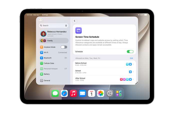 iPad Pro 11 i sølv, skærm viser mulighederne Tidsgrænse og Skærmtid i Indstillinger, hvor man kan bestemme tidsforbrug og mediekategorier for sit barn