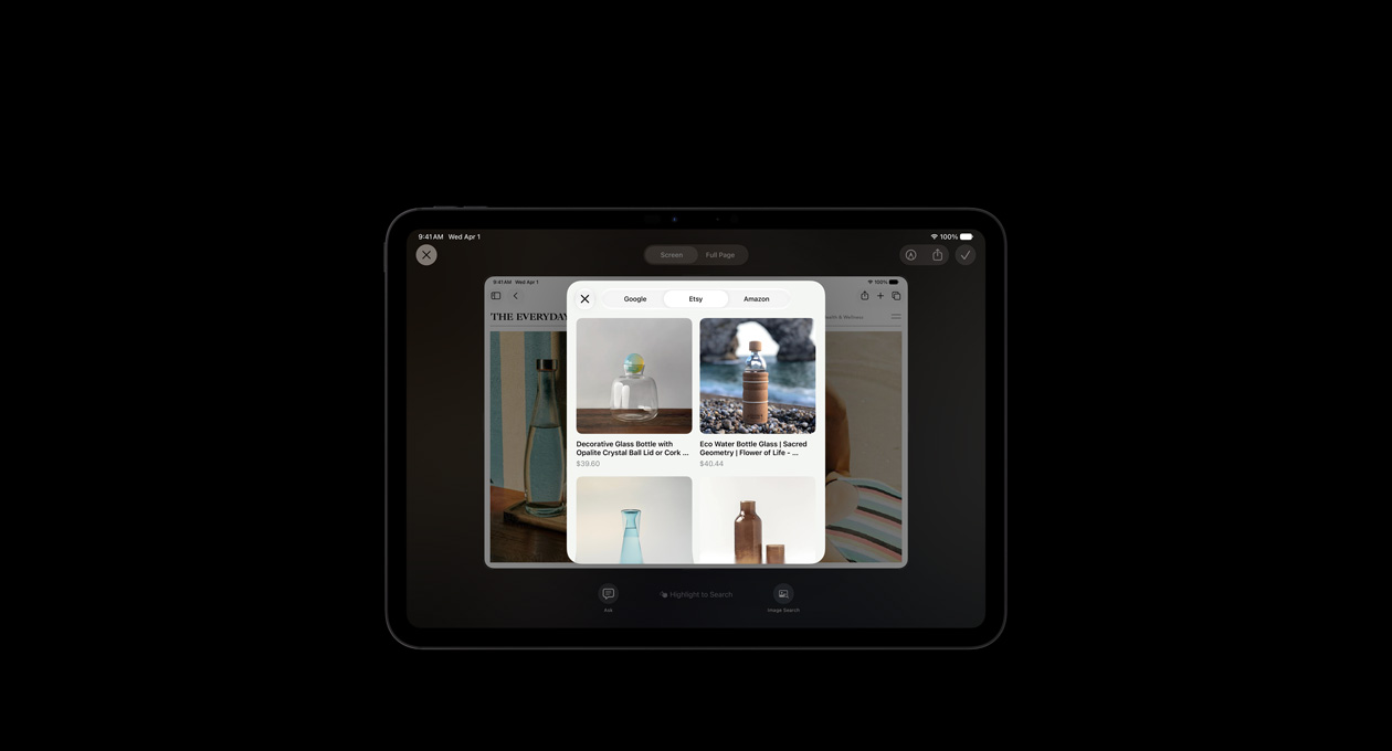 11 Zoll iPad Pro, Space Schwarz, das Display zeigt ein Bild von Produkten als Antwort auf eine Anfrage an die Visuelle Intelligenz auf dem Bildschirm zu Glasflaschen, die Tasten zum Fragen und zur  Bildersuche werden unter den Bildern angezeigt