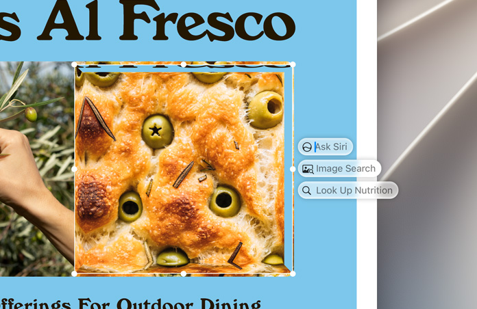 Visual Intelligence, Vraag het aan Siri, Afbeeldingen Zoeken en Voedingswaarde-vakjes verschijnen aan de rechterkant van een gemarkeerde afbeelding van olijven die in focaccia zijn gebakken