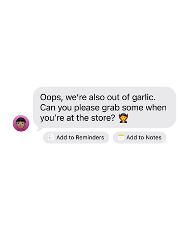 Een ontvangen iMessage met twee voorgestelde actieknoppen eronder: Voeg Toe aan Herinneringen en Voeg Toe aan Notities