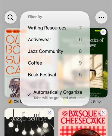 Safari-browser op iPhone met het menu Filter met categorieën zoals Schrijfhulpbronnen, Sportkleding, Jazzcommunity, Koffie en Boekenfestival, met de optie Orden Automatisch geselecteerd