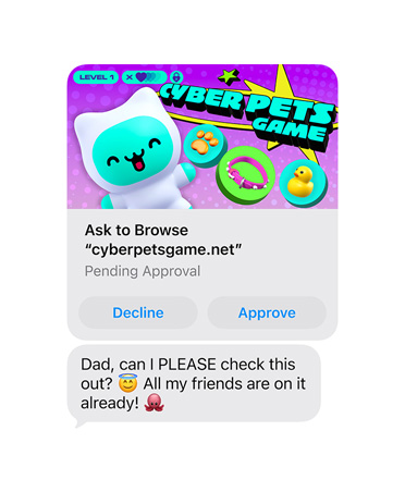 Scherm met tekstbericht met screenshot van cyberpetsgame.net, knoppen Afwijzen en Goedkeuren onder afbeelding, met tekstbericht, Pap, mag ik dit ook eens checken, al mijn vrienden spelen het al