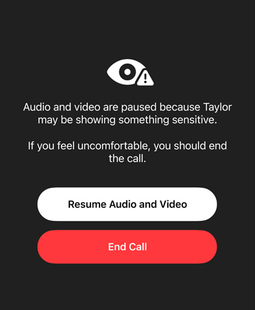 Automatisch gegenereerd bericht aan een ouder over de gevoelige en ongewenste content die kinderen mogelijk te zien krijgen tijdens een FaceTime-gesprek, met opties om het audio- of videogesprek te hervatten of te beëindigen