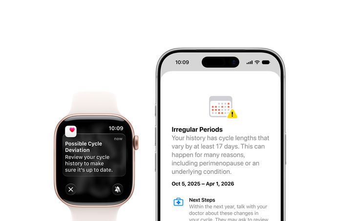 Notification du Suivi de cycle dans l’app Santé indiquant un Écart de cycle potentiel