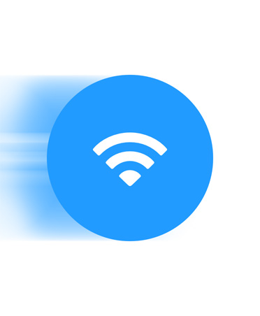 Blue Wi‑Fi icon with a blue streak behind it signifying faster connection