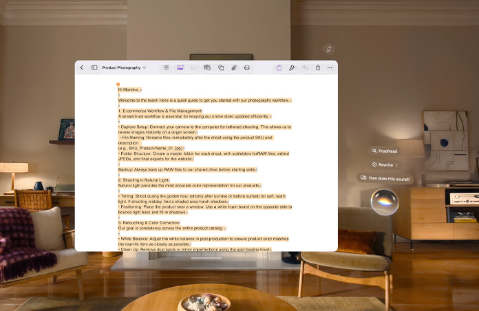 Apple Vision Pro view, a document regarding photography practices is open and Siri writing prompts hover to the side of it, prompts include Proofread, Rewrite and How does this sound?