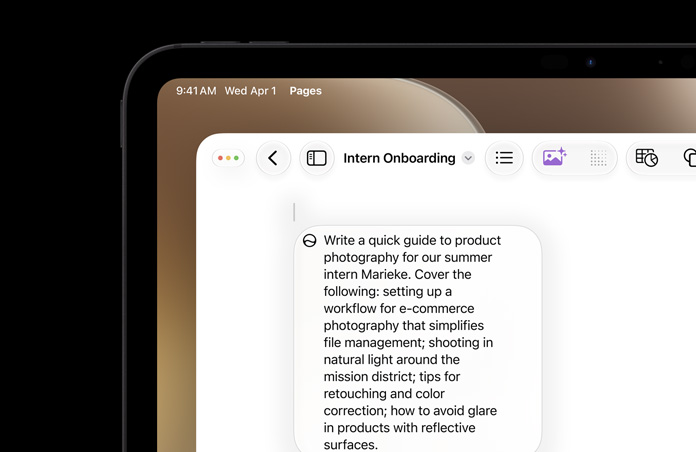 Top left corner of iPad, screen displays open Pages document, prompt for Write with Siri to draft copy