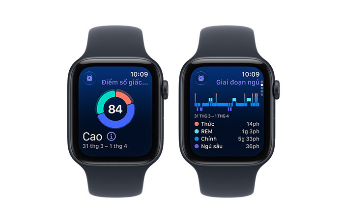 Apple Watch SE 3, điểm số giấc ngủ, biểu đồ hình tròn và số điểm, các giai đoạn ngủ phân tích giai đoạn thức, giấc ngủ REM, giấc ngủ chính và giấc ngủ sâu